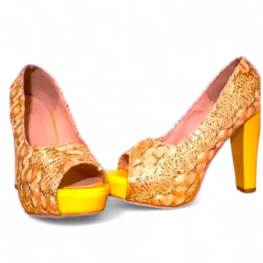 Yellow Lace Peep-Toe Platform Heels